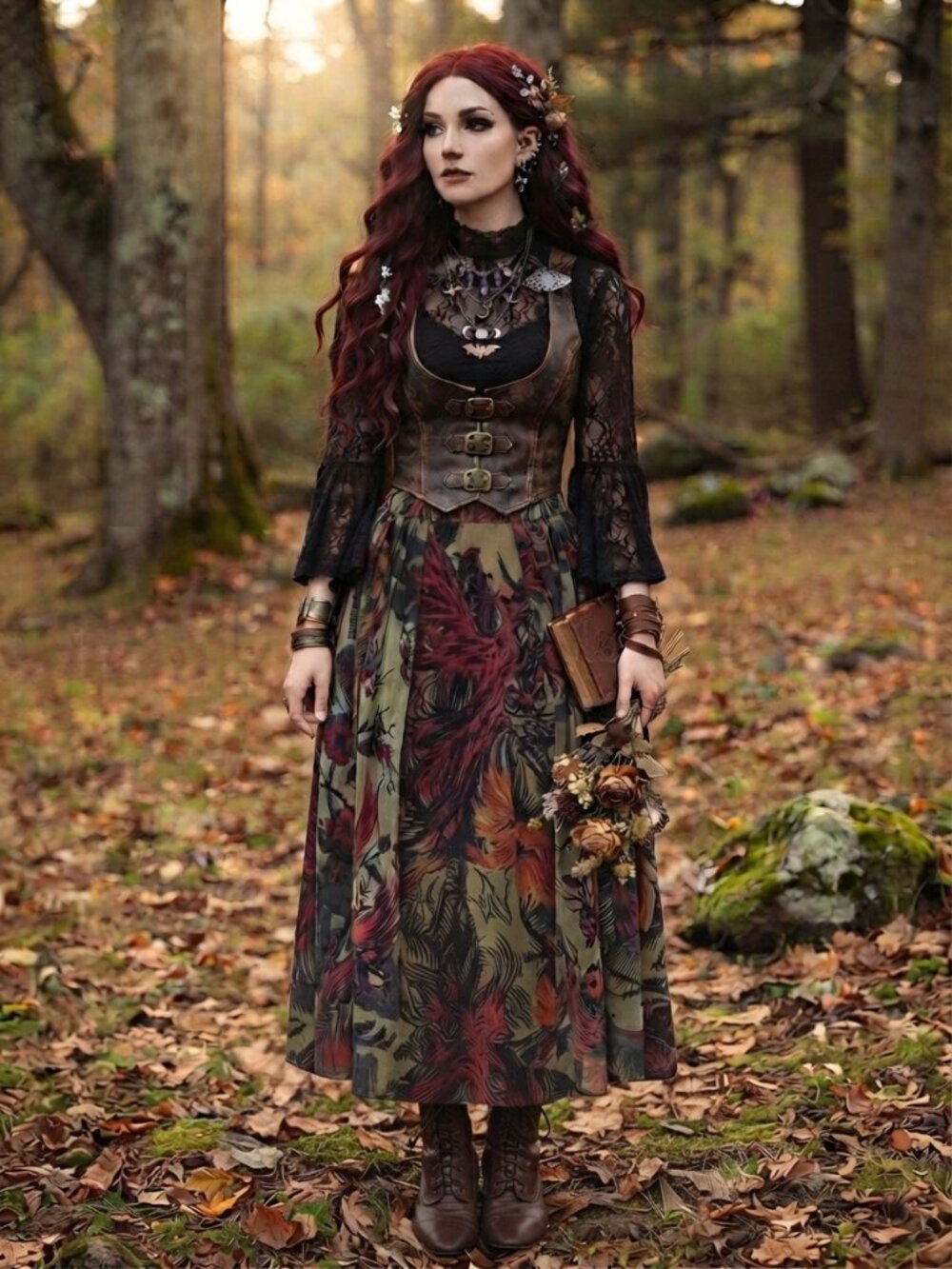 Whimsical Bird & Floral Print Mesh Midi Skirt - Boho Chic Whimsigoth Grunge
